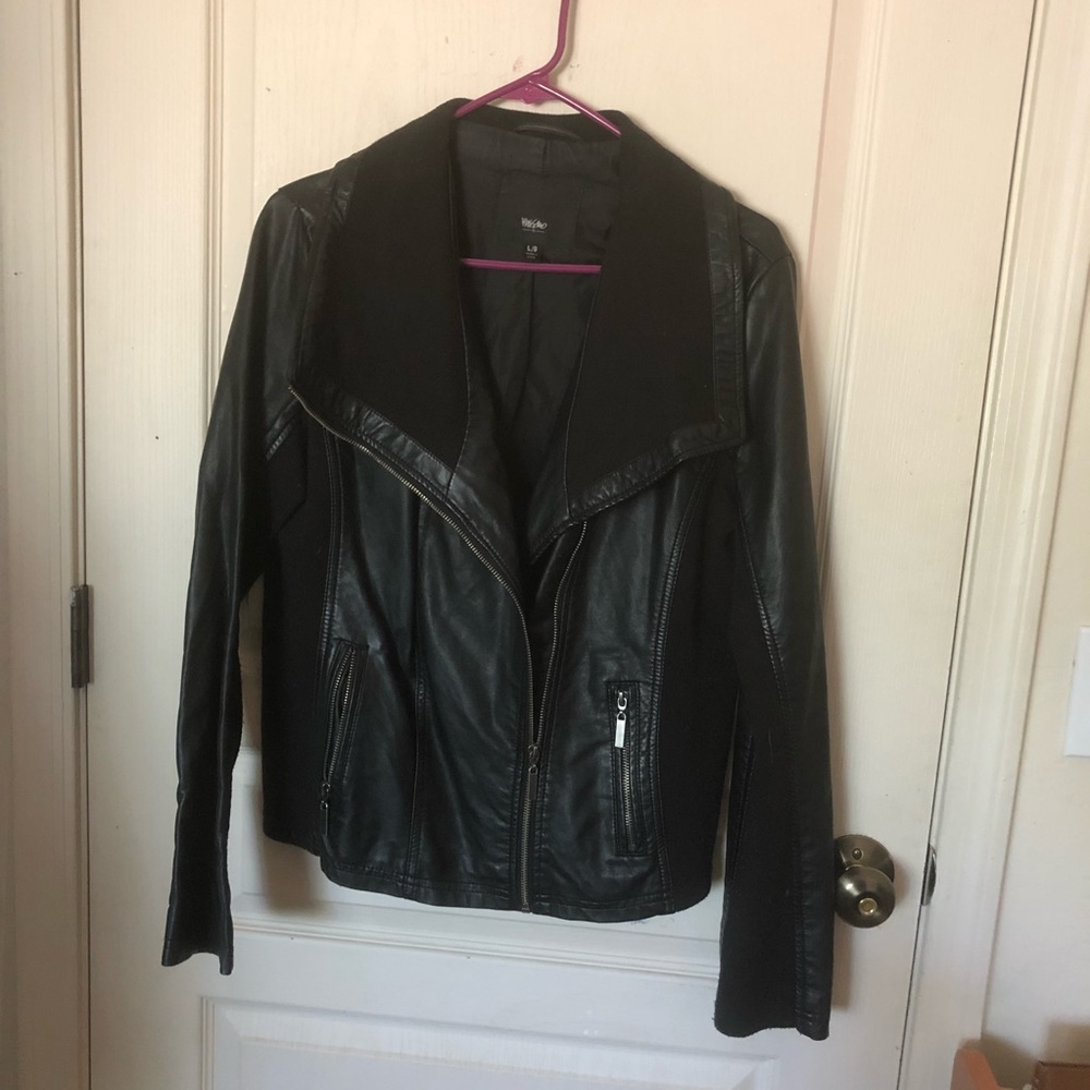 Black Faux Leather Jacket with Cloth Accents